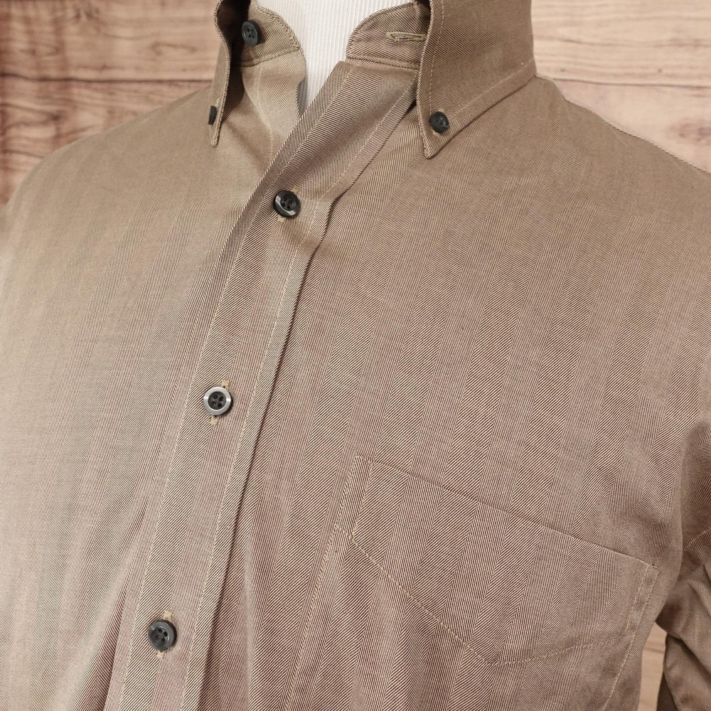 Jos. A. Bank Shirt Mens M Beige Herringbone Long Sleeve Button-Up Cotton Pocket - Picture 2 of 7